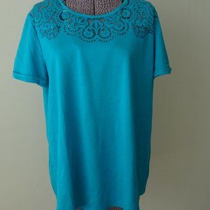 Wonder Bright Peacock Blue (Turquoise) Lace Adorned Tunic-Length Top - Size XL